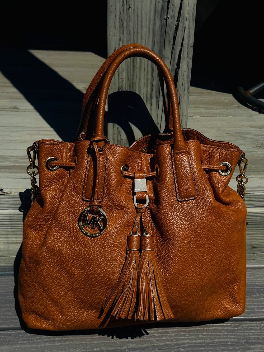 Michael Kors Brown Pebbled Leather Drawstring Shoulder Tote with Tassel